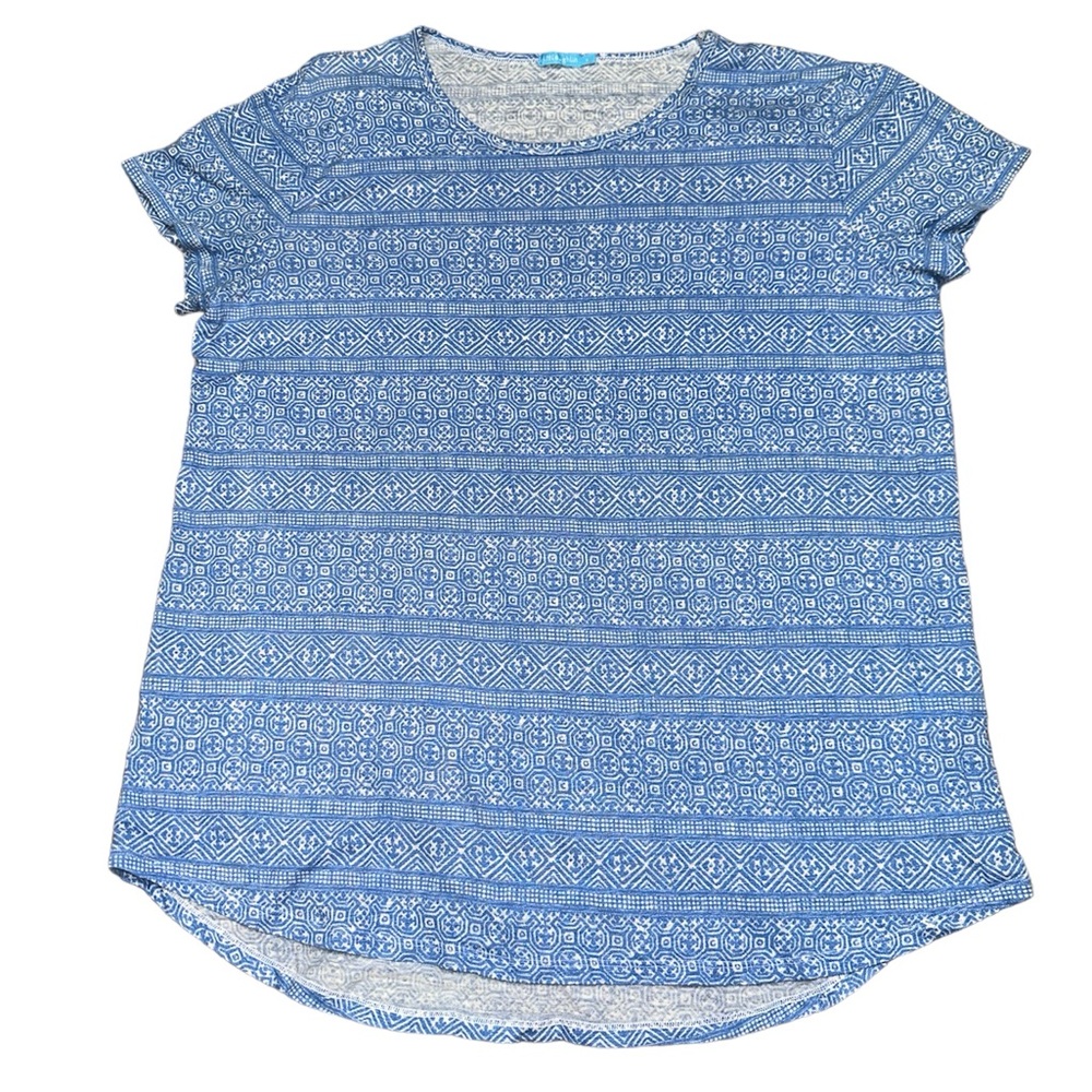 J. McLaughlin Short Sleeve Linen T Shirt Blue and White L Large Lightweight